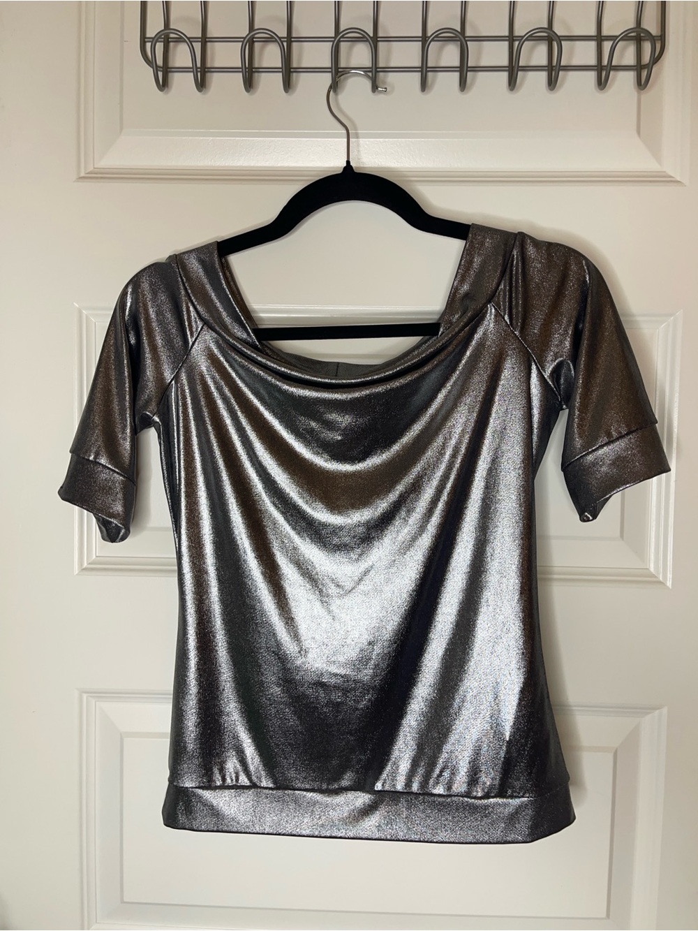Joseph Ribkoff | Metallic Silver Boatneck Short-Sleeve Evening Top